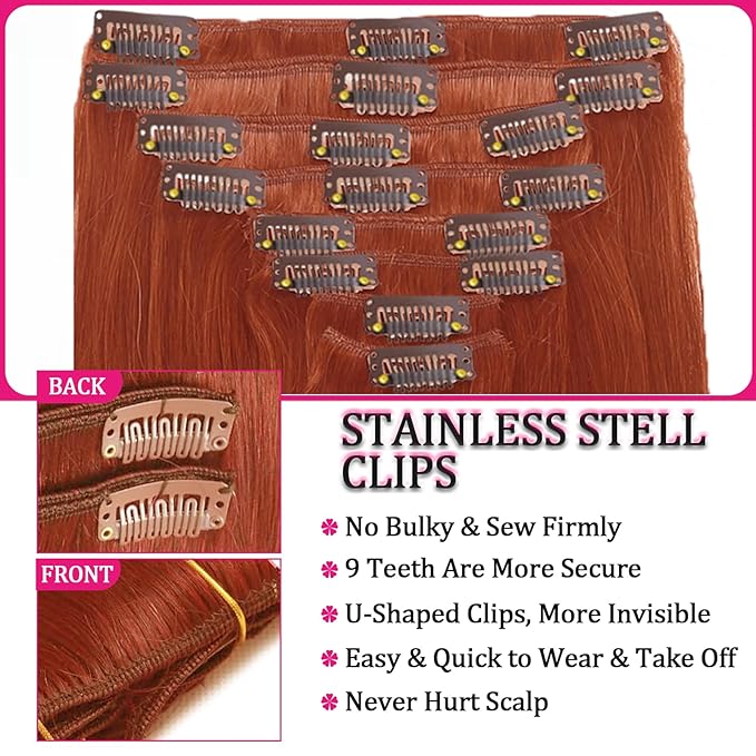 20 Inch 120g Copper Clip in Hair Extensions Real Human Hair, 8pcs Double Weft Hair Extensions Smooth Human Hair Kinky Straight Clip ins for Women Easy Application