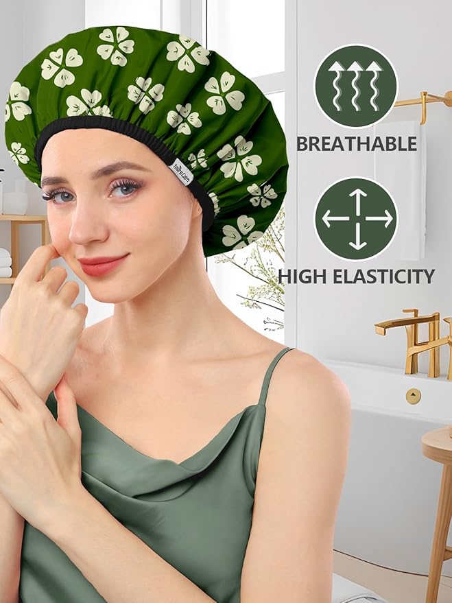 Years Calm Shower Caps For Women Reusable Waterproof，Pattern And Solid Color Dual-Layer Design For Dual-Layer Usable，Protects Hair In Shower, Spa, Cooking, Clean & Travel (Green, Extra Large)