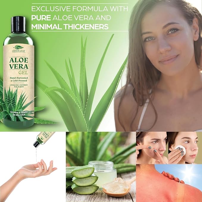 Green Leaf Naturals Amazing Aloe Vera Gel - Freshly Cut, 100% Pure Aloe, Premium Quality, Vegan, Unscented - Natural Sunburn Relief, After Shave, Skin, Face & Hair Care (two 8oz bottles) 16oz