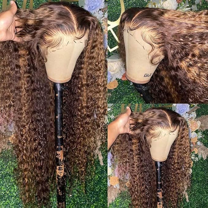 bangjazz 13x4 Deep Wave Lace Front Wigs Human Hair Highlight Ombre 13x4 HD Transparent Lace Frontal Wigs Human Hair 180% Density P4/27 Colored Glueless Curly Wigs for Black Women 24 Inch