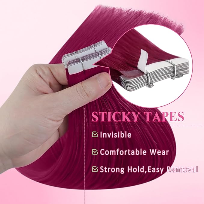 YoungSee Tape in Hair Extensions Real Human Hair Magenta Human Hair Extensions Tape in Color 20In Hair Extensions Tape-in Magenta for Girls Party Highlights 10pcs 25g