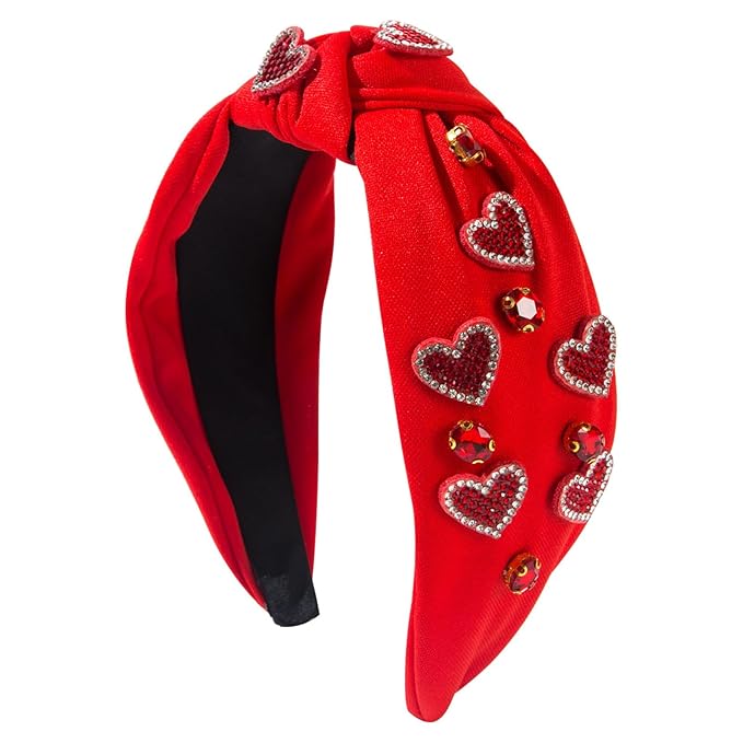 Valentine's Day Rhinestone Heart Headband, Red Fabric Hair Accessory with Crystal Beaded Hearts, Holiday Hair Fashion Accessories for Women Christmas New Year Gift