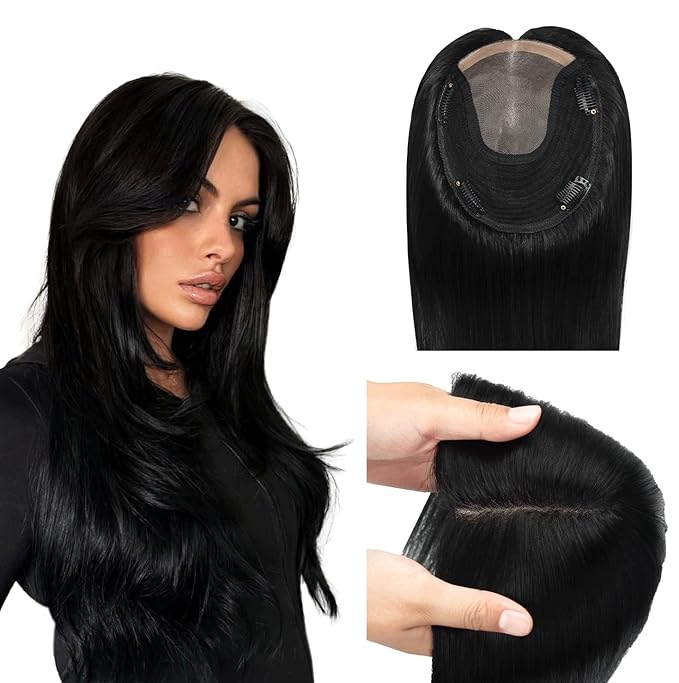 WORLDSTAR Hair Toppers for Women Real Human Hair No Bangs 6 * 7 Inch Base 14 Inch 65g #1 Jet Black with Hand-Tied Invisible with Thinning or Grey Roots (tp#1-14