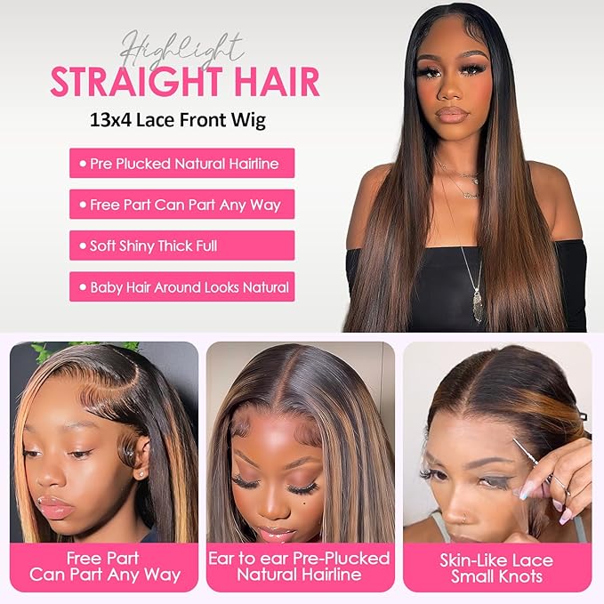Highlight Ombre Lace Front Wig Human Hair Straight Wigs Human Hair 1B/30 Brown Highlight 13x4 Lace Front Wigs human hair Pre Plucked 200% Density Colored 26 Inch Balayage Glueless Wigs for Women