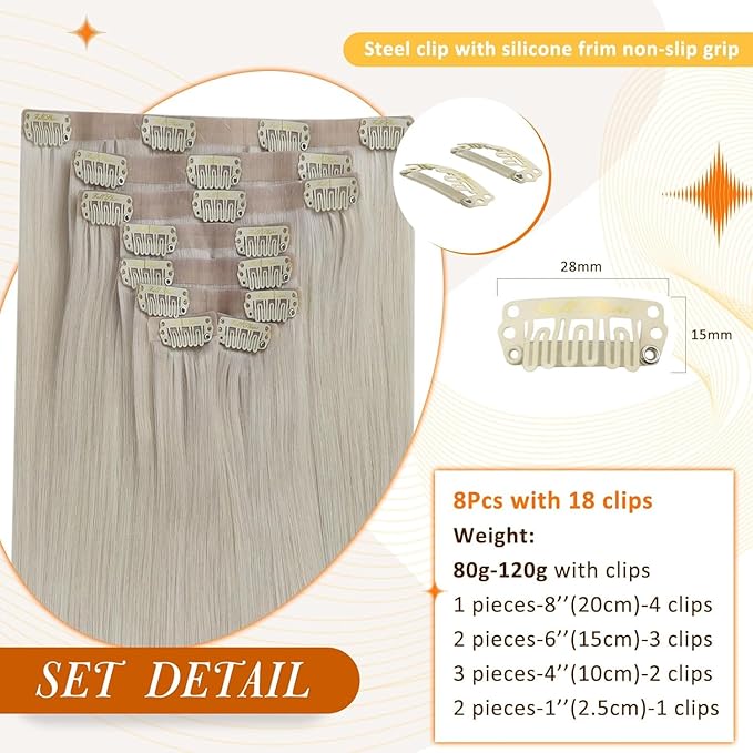 Full Shine Seamless Clip in Hair Extensions Blonde Seamless Hair Extension Clip ins PU Weft Straight Remy Hair Full Head for Women 18 Inch 8 PCS 120 G