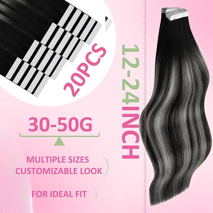 YoungSee Invisible Tape in Hair Extensions Real Human Hair Ombre Black Tape-in Remy Hair Extensions Blend Of Black and Silver Tape on Ombre Hair Extension for Long Straight Hair 24 Inch 50g 20pcs