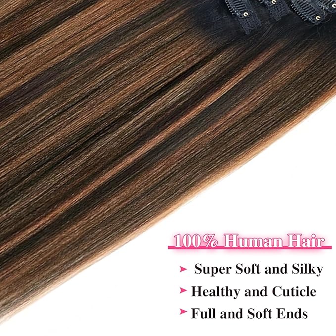 Yaki Straight Clip ins Real Human Hair Extensions For Women Highlight Hair Extensions Yaki Straight Clip in Hair Extensions(26inch,T1BP1B/30)