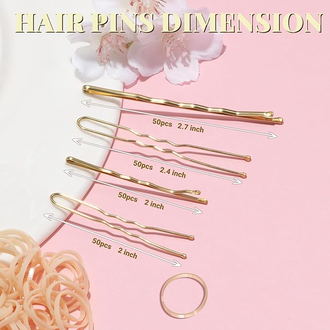 415pcs Bobby Pins Hair Pins Set, IKOCO 200pcs U Shaped Pins & Elastic Hair Ties for Women with Hair Net, Gold