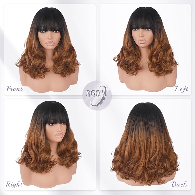 Wig with Bangs for Women | 16 Inch Layered Body Wave Synthetic Wig | Heat Resistant Yaki Fiber Natural Looking Shoulder Length Wigs | Synthetic Wig for Daily Wear - Ombre Black to Copper Brown