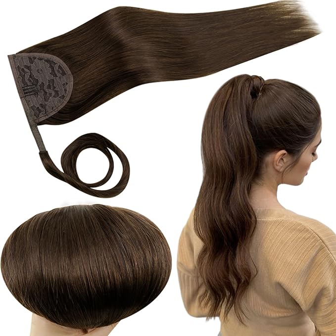 RUNATURE Real Human Hair Ponytail Extension, Medium Brown Ponytail Extension Human Hair, Wrap Around, Clip in Ponytail Hair Extensions Long Straight Hair Add Length, 20 Inch 80g #4 Medium Brown