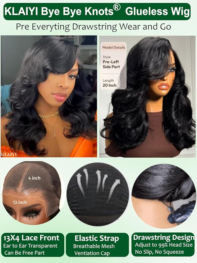 KLAIYI Pre Everything Glueless Layer Side Part Loose Body Wave 13x4 Lace Front Wigs Human Hair Drawstring Curtain Bangs Face framing Pre Bleached Knots Pre Plucked 3S Ready to Put On and Go Wig 20Inch