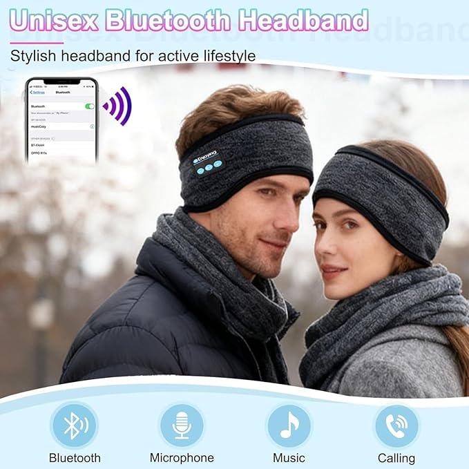 Bluetooth Headband Headphones Double-Layer Ear Warmer for Men Women Winter Cold Weather Wireless Music Thick Fleece Lined Ear Muffs Outdoor Sports Running Cycling (Gray)