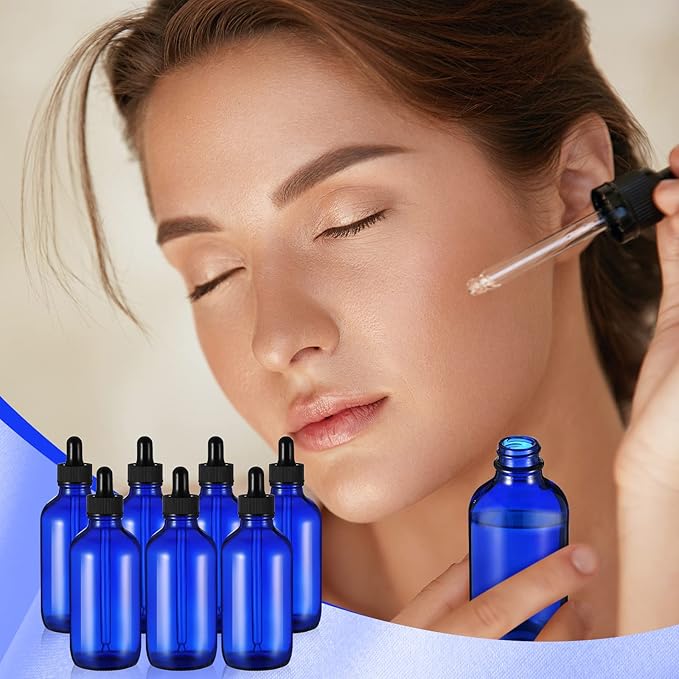 Dandat 50 Pack 4 oz Glass Dropper Bottles Leakproof 120 ml Glass Tincture Bottles with Eye Droppers, 4 Funnels, 54 Labels for Essential Oil Perfumes Hair Oil(Blue)