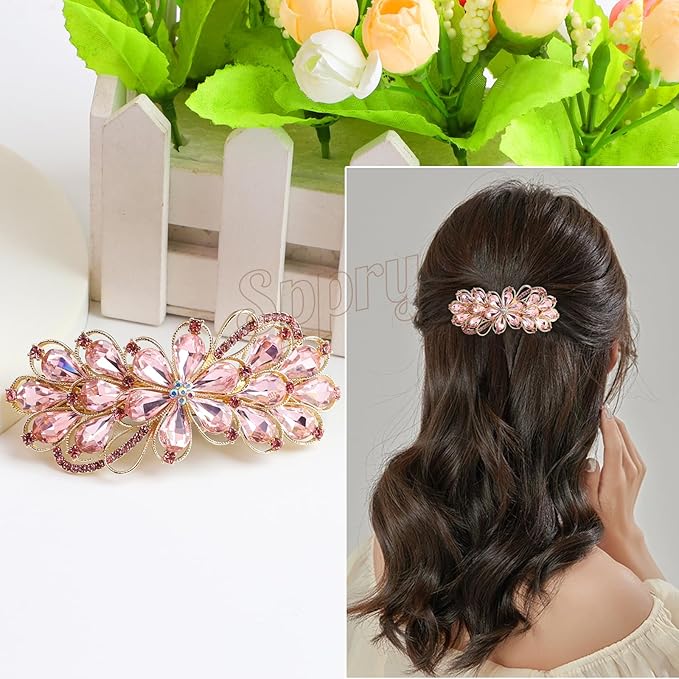 Large Gorgeous Rhinestone Hair Barrette for Women, Flower Jewelry Design (Pink)