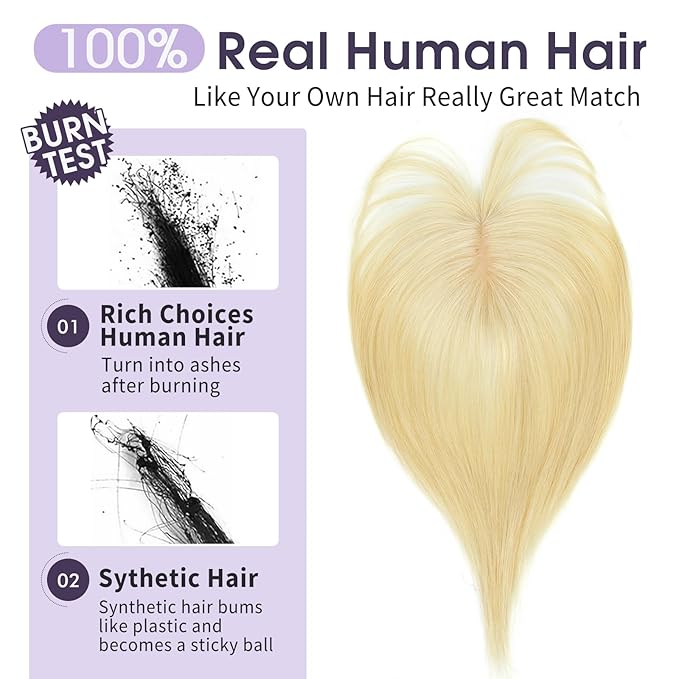 Human Hair Topper with Bangs for Women 14'' Bleach Blonde 100% Remy Human Hair Invisible Hair Piece for Thinning Hair