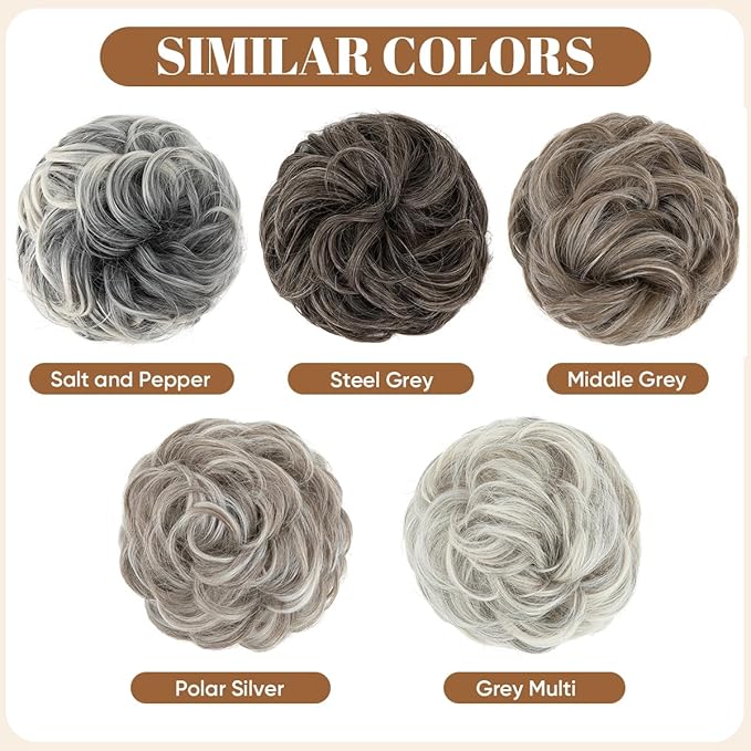 CJL HAIR Large Messy Bun Hair Piece Wavy Curly Scrunchies Synthetic Chignon Ponytail Hair Extensions Thick Updo Hairpieces for Women Steel Grey