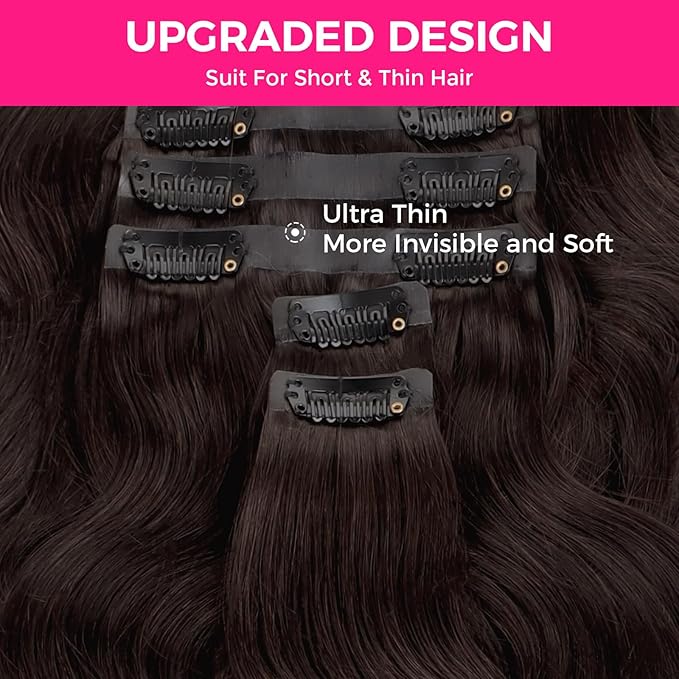 Lashey Seamless Clip in Hair Extensions Human Hair #2 Dark Brown Body Wave Clip in Extensions Real Human Hair 7pcs 110g 16 Inch PU Weft Natural Hair Extensions for Women