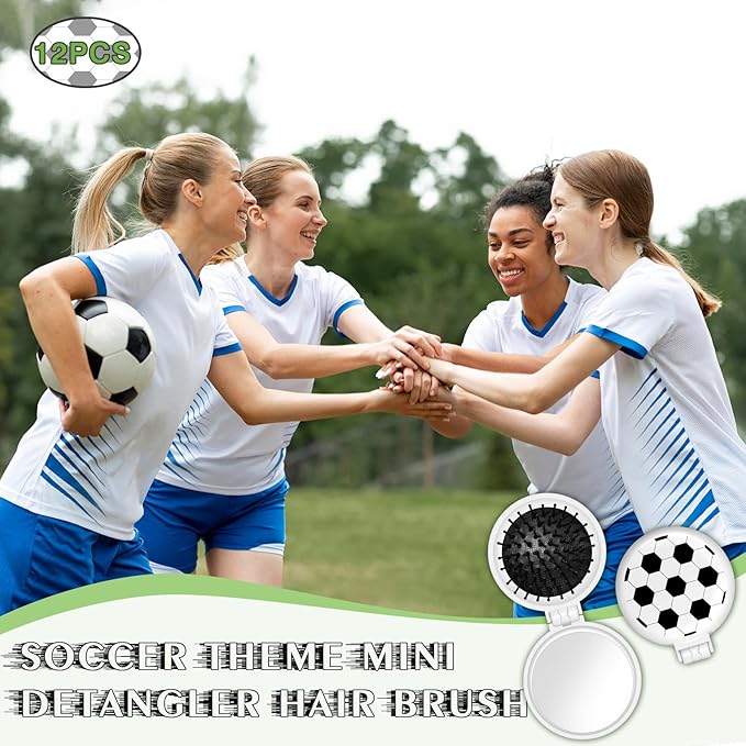 12 Pcs Soccer Mini Detangler Brush, Folding Mirror Hair Brushes, Mini Travel Hair Brush, No Tangle Soft Flexible Bristles for Straight, Curly, Thick Hair for Soccer Team Gift Sport Party