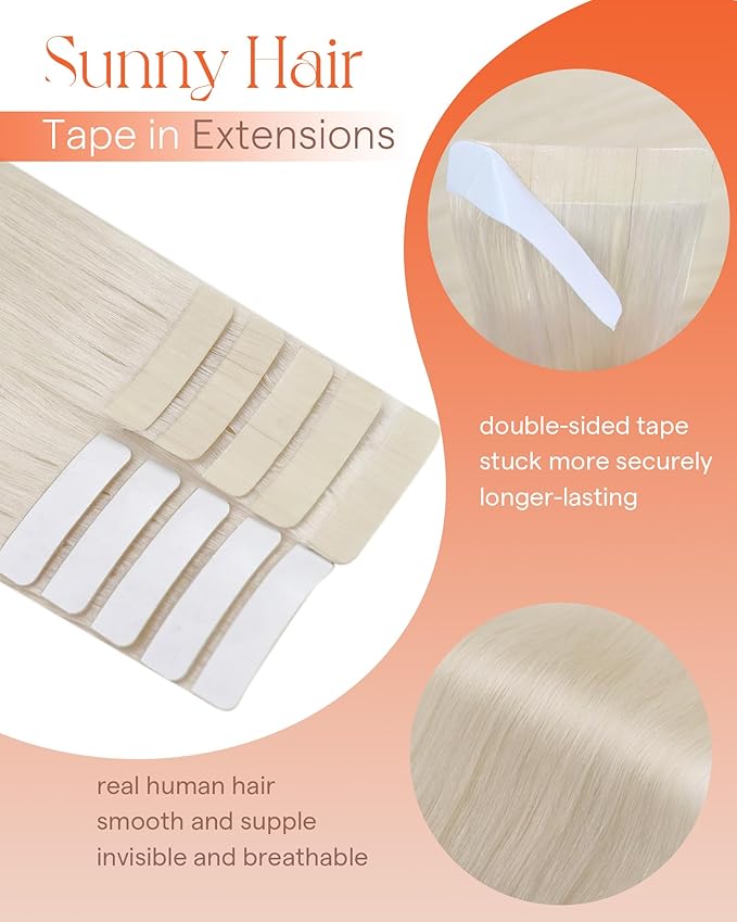 Sunny Hair Tape in Hair Extensions Real Human Hair Invisible Remy Hair Extensions Tape ins for Women White Blonde 18 inch 25G