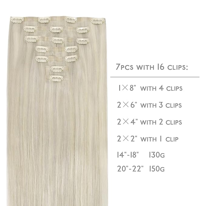 WENNALIFE Seamless Clip In Hair Extensions Human Hair, 12 Inch 80g 7pcs Ash Blonde Highlighted Platinum Blonde Real Hair Extensions Invisible PU Skin Weft Natural Remy Human Hair