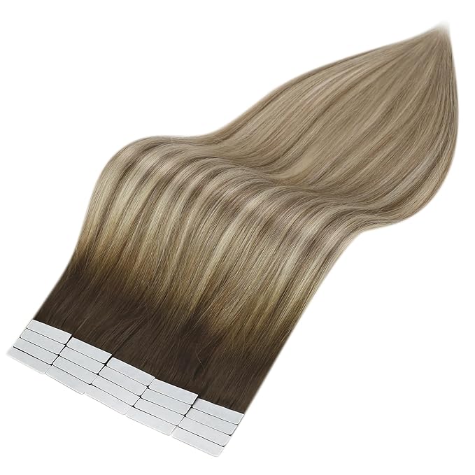 Full Shine 22 Inch Hair Extensions Human Hair Tape ins Straight Tape in Hair Extensions Color 3/8/22 Dark Brown to Ash Brown and Blonde Adhesive Double Sided Invisible for Daily Wear