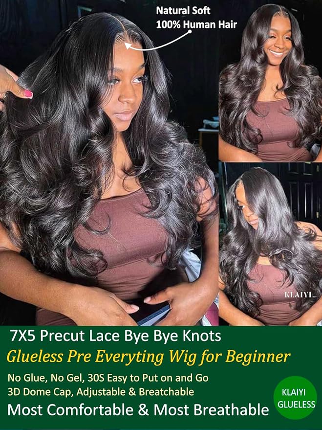 KLAIYI Body Wave Bye Bye Knots Glueless Wig 7x5 Pre Cut Lace Front Wigs Human Hair Wear and Go Wigs for Beginners Pre Bleached Pre Plucked Pre Everything 3S Easy to Ready to Wear Loose Wave Wig 16Inch