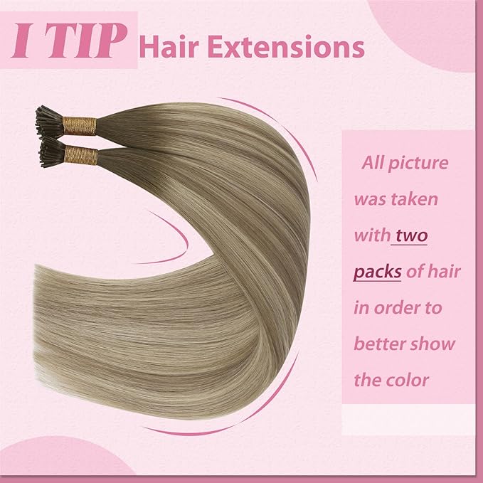 YoungSee Itip Hair Extensions Real Human Hair Ombre I Tip Hair Extensions Balayage Dark Brown to Brown with Blonde Itip Human Hair Extension Short Hair Extension 14In 50g 80s