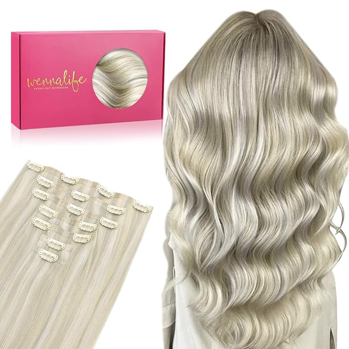 WENNALIFE Seamless Clip In Hair Extensions, 20 Inch 7pcs 150g Ash Blonde Highlighted Platinum Blonde Human Hair Extensions, Invisible PU Weft