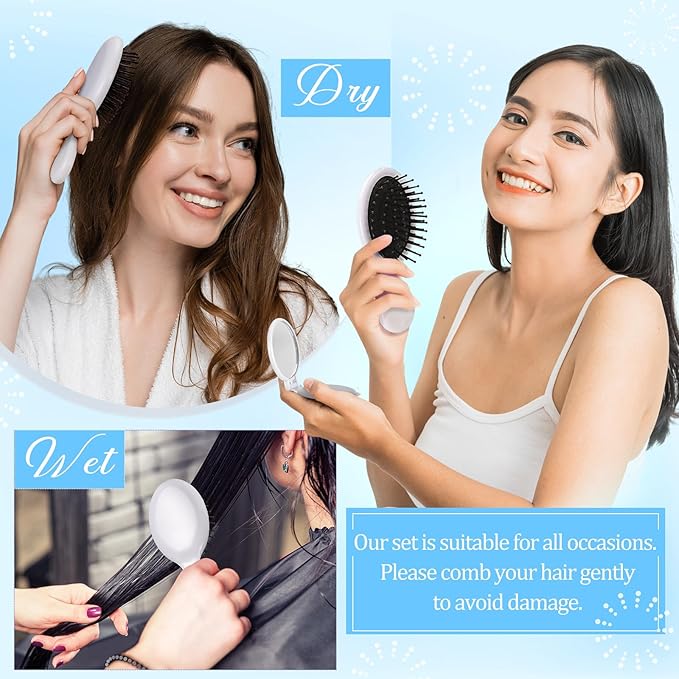 Meanplan 48 Pcs Mini Hair Brush Set 24 Travel Wet Dry Hair Combs Pocket Detangling 24 Compact Folding Makeup Mirrors for Spa Sleepover Birthday Bridal Shower Bachelorette Christmas Party Gift(White)