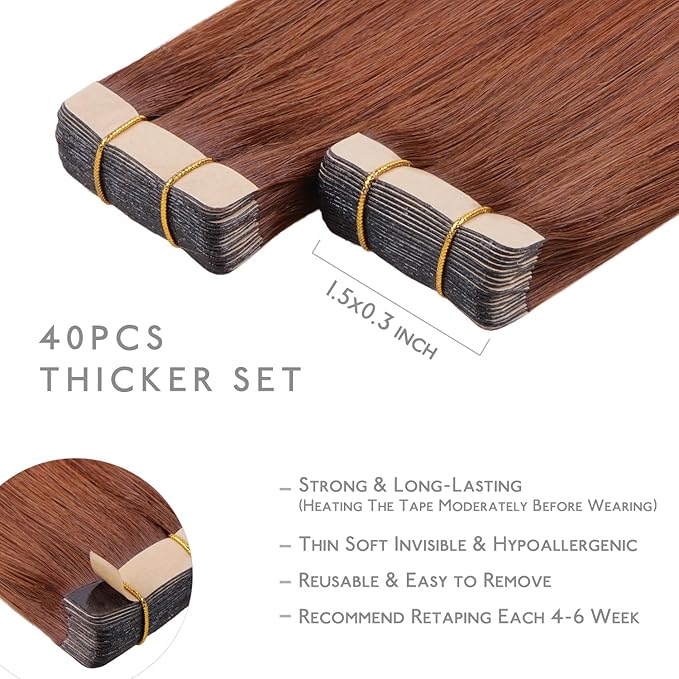 WENNALIFE Tape in Hair Extensions Human Hair, 40pcs 100g 16 inch Dark Auburn Copper Hair Extensions Real Human Hair Straight Tape in Extensions Invisible Human Hair Extensions Reusable Real Hair Exten