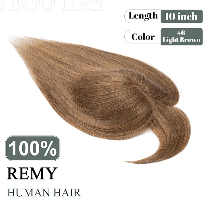 SEGO Hair Toppers for Women Real Human Hair with Thinning Hair, Toppers Hair Pieces Clip in Toppers Straight Hair Pieces with Front Bangs 150% Density Silk Base -10 Inch #6 Light Brown