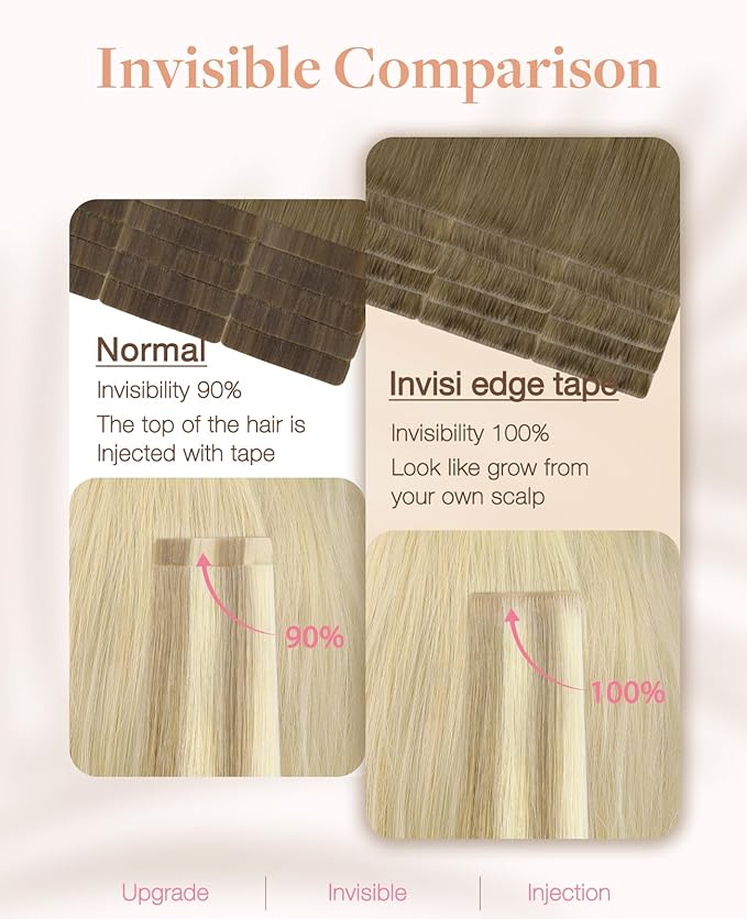 GOO GOO Invisi Edge Tape in Hair Extensions Human Hair, 9/60 Balayage Ash Brown to Platinum Blonde 10pcs injected with 10pcs classical tape ins, 22inch 50g, Virgin Remy Hair, Natural Look