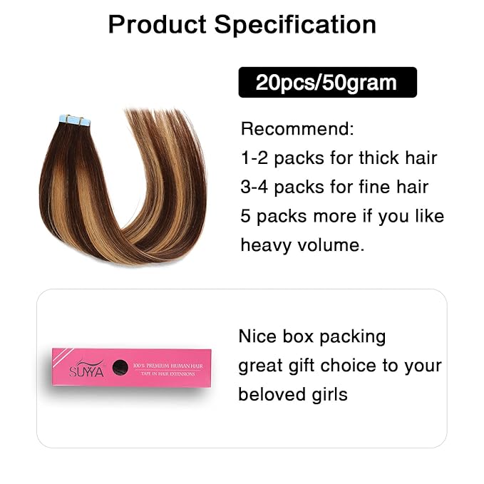 SUYYA Tape in Hair Extensions Human Hair Ombre Chocolate Brown to Caramel Blonde Remy Hair 22 inches 20pcs 50g/pack Straight Seamless Skin Weft Tape in Human Extensions Balayage(22 inch #P4/27/T4)