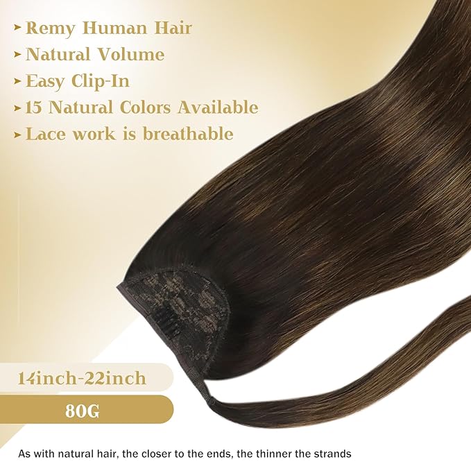 Ve Sunny Hair Extensions Ponytail Real Human Hair Wrap Around Clip in Ponytail Hair Extensions Straight Extensions Human Hair for Women Dark Brown Balayage Chestnut Brown 20inch 80G