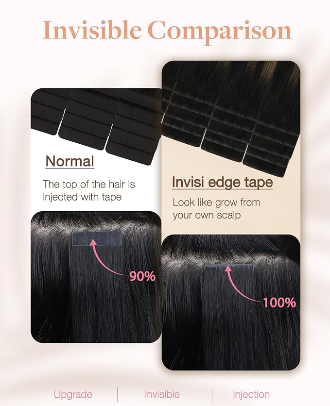 GOO GOO Invisi Edge Tape in Hair Extensions Human Hair, 1B/6/1B Balayage Natural Black to Chestnut Brown 10pcs injected with 10pcs classical tape ins, 14inch 50g, Virgin Remy Hair, Natural Look