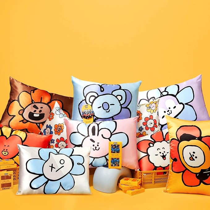 Kitsch x BT21 Satin Pillowcase with Zipper – Better Than Silk Pillowcase, Van Character & Funky Floral Print – Soft Cooling Toddler Bed Time Pillow Case for Hair & Skin – King Size 19x36