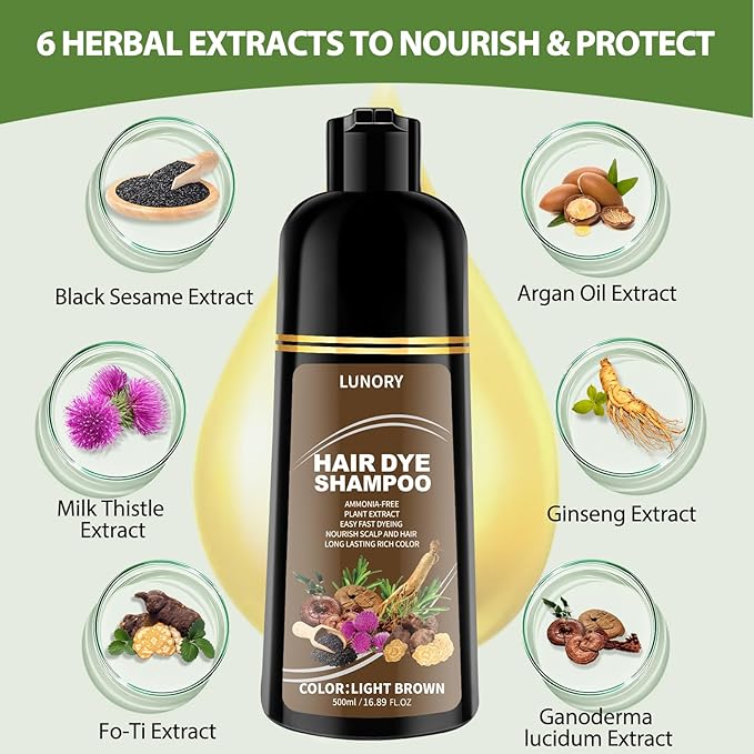 Light Brown Hair Dye Shampoo for 100% Gray Coverage - 3 IN 1 Hair Color Shampoo with Argan Oil & Ginseng, Ammonia & Paraben Free, Long Lasting Semi-Permanent Natural Color for Women & Men (500ml)