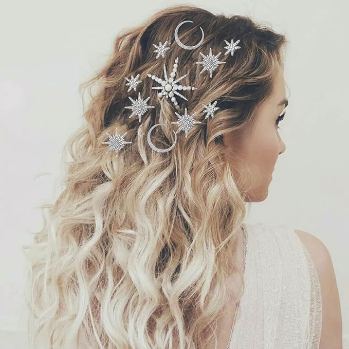 6 Pieces Rhinestone Stars Moon Hair Clips Vintage Star Hairpins Crystal Decorative Bobby Pins Metal Alloy Hair Pins Snowflake Side Clip Hair Accessories for Women Girls (Silver)