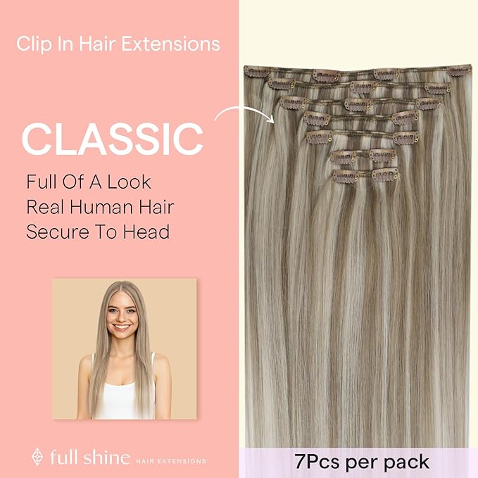 Full Shine Blonde Clip In Hair Extensions, Ash Brown Highlight Blonde Extensions Clip in, Remy Straight Clip in Human Hair for Women,Double Weft 7 Pcs 120 G 16 Inch