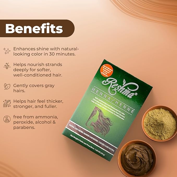 Reshma Beauty 30 Minute Henna Hair Color Infused with Organic Henna Lawsonia Inermis 100% Gray Coverage for Soft, Shiny Hair, Plant-Based Hair Dye—1.05 oz, Pack of 1 (Light Brown)