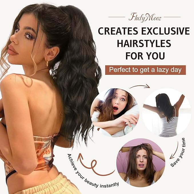 FLUFYMOOZ Ponytail Extension, 18 Inch Claw Clip Ponytail Extension, Wavy Curly Claw Clip in Ponytail Hair Extensions, Natural Fake Ponytail Synthetic Hairpiece for Women (Chocolate Brown with Blonde Highlights)