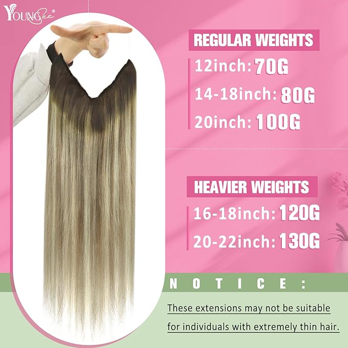 YoungSee Wire Human Hair Extensions Brown Blonde Invisible Wire Hair Extensions Real Human Hair Walnut Brown Ombre Blonde Highlight Remy Human Hair Fish Line Extensions 14Inch 80G