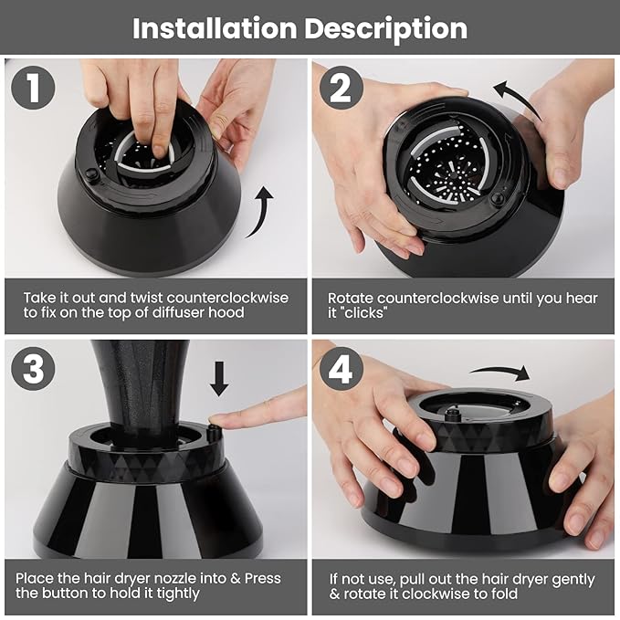 Segbeauty Universal Collapsible Hair Diffuser, Travel Foldable Adjustable Salon Fast Drying Blow Dryer Diffuser Attachment Portable for Thick Wavy Curly Hair Fit Most Blower 1.5"-3.22" Nozzle Black