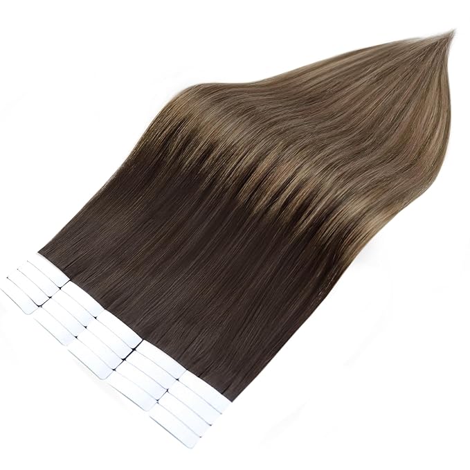 Full Shine 18Inch Tape in Hair Extensions Color 2 Ombre 6 and 18 Ash Blonde Highlighted Tape in Hair Extensions Human Hair 20Pcs 50G Invisible Skin Weft Hair Extensions Tape in Balayage Straight Hair