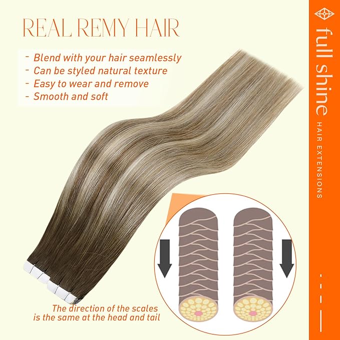 Full Shine Human Hair Tape in Extensions 12Inch Darker Brown to Ash Brown Highlight Medium Blonde Tape ins for Women Pu Hair Extensions 30g 20Pcs 3/8/22 Seamless Tape in Hair Extensions Remy Hair