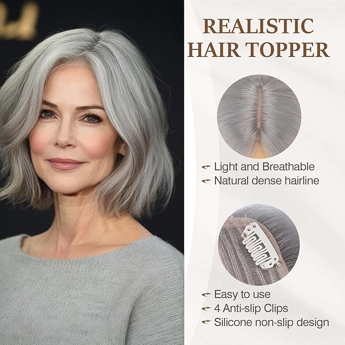 Rich Choices Hair Toppers for Women Real Human Hair 100% Human Remy Toppers NO Bangs for Women with Thinning on Top Clip in Hairpiece 4"x4.7"Lace Base 14 Inch Gray