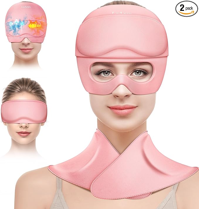 Migraine Relief Cap and Neck Ice Pack Wrap with Ice Eye Masks,3 in 1 Detachable Hot and Cold Therapy Headache Relief Cap for Headaches, Stiff Neck,Eye Fatigue, Tension and Pain Pink
