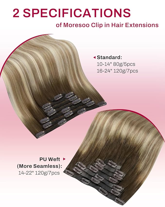 Moresoo Seamless Clip ins Human Hair Balayage Brown to Blonde Clip in Hair Extensions Real Human Hair Light Brown with Medium Blonde Pu Skin 120g/7pcs 16 inch