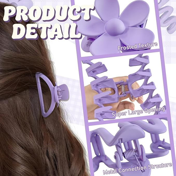 12 Pcs Claw Clips, Multi-Shapes Hair Clips for Women Girls, Non-Slip Large Jaw Claw Clips for Thick Thin Curly Hair Accessories (Purple)