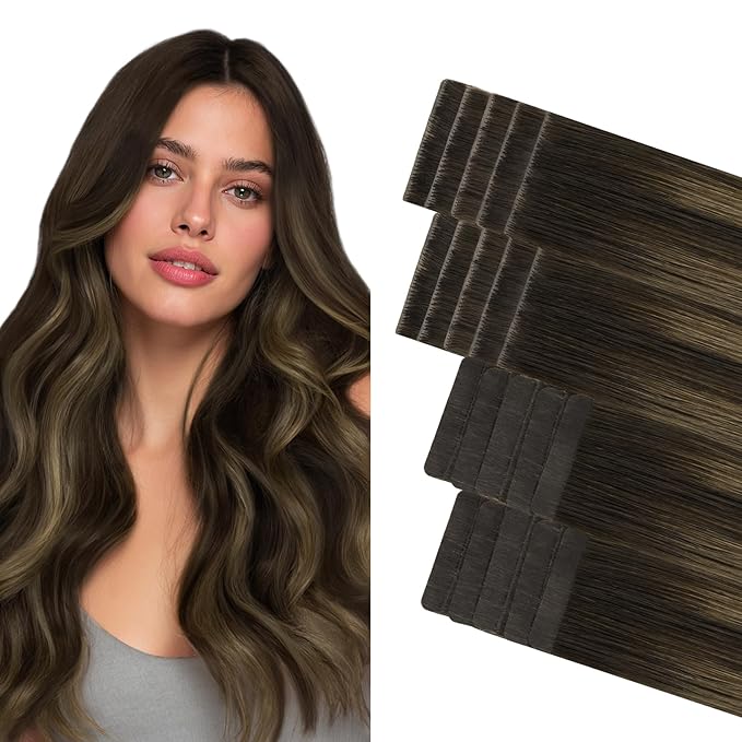 GOO GOO Invisi Edge Tape in Hair Extensions Human Hair, 2/6/2 Balayage Dark Brown to Chestnut Brown 10pcs injected with 10pcs classical tape ins, 24inch 50g, Virgin Remy Hair, Natural Look